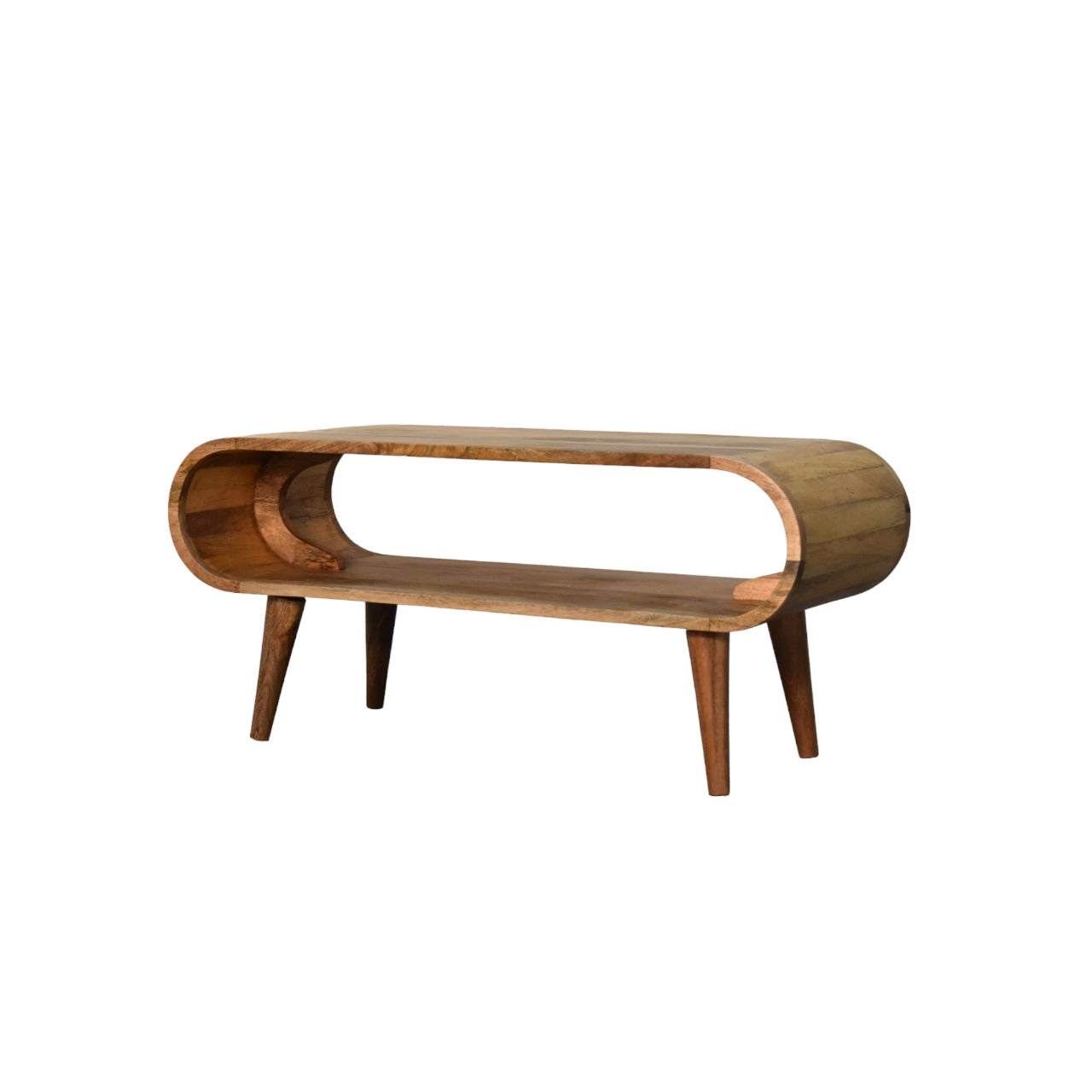 A rectangular oak-ish coffee table with smooth edges and nordic style legs made from solid mango wood against a white background.