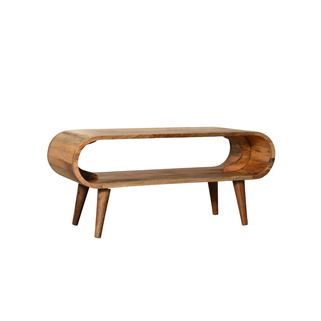 Curved oak coffee table with tapered legs on a white background