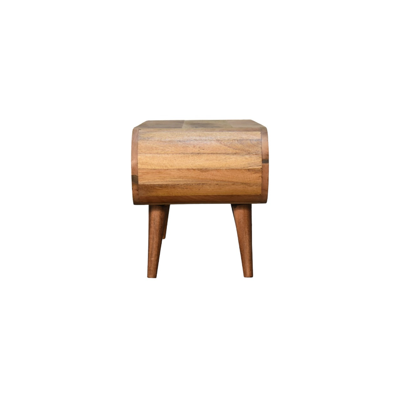 End view of a curved oak coffee table with tapered legs on a white background