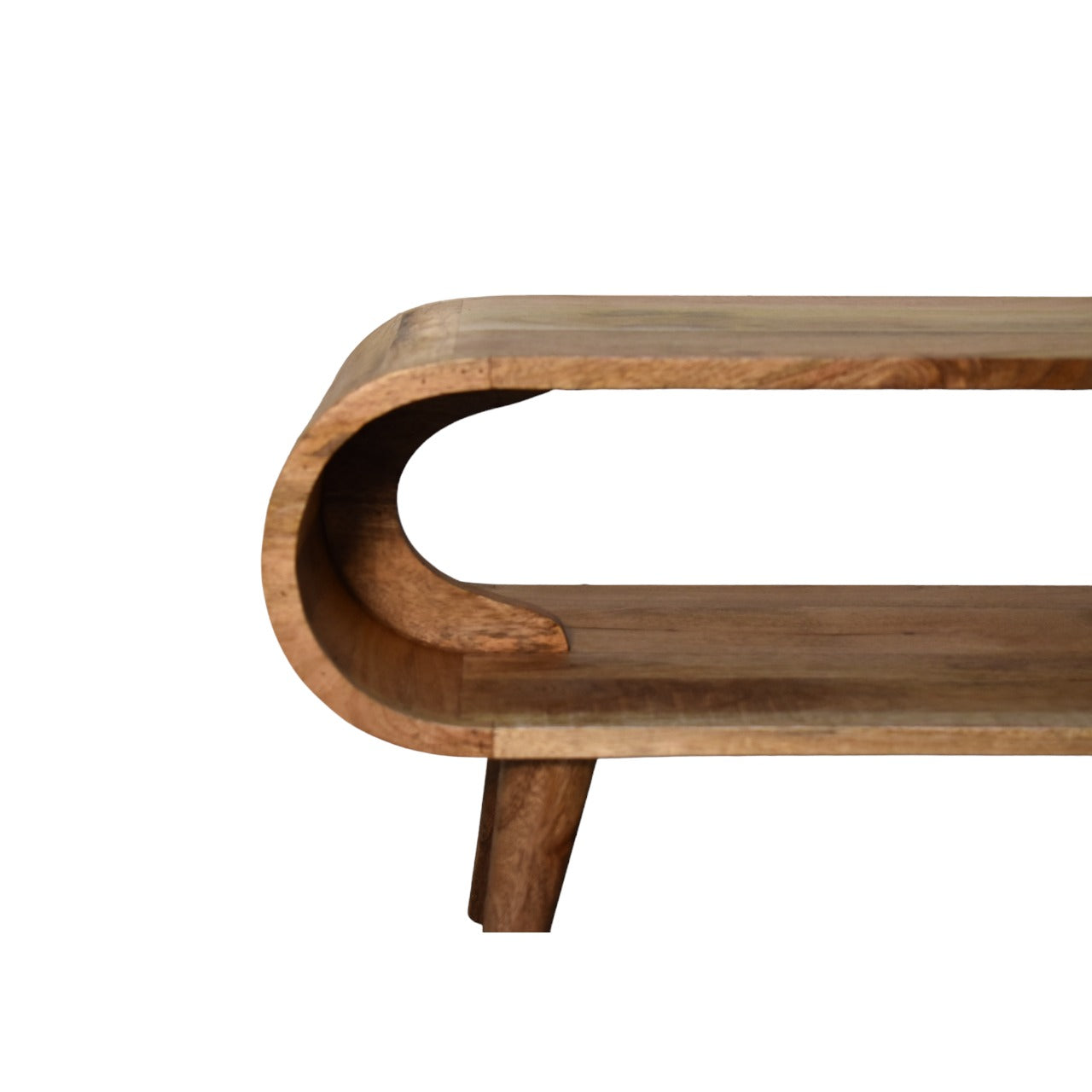 A rectangular oak coffee table with smooth edges and nordic style legs made from solid mango wood, placed against a white background.