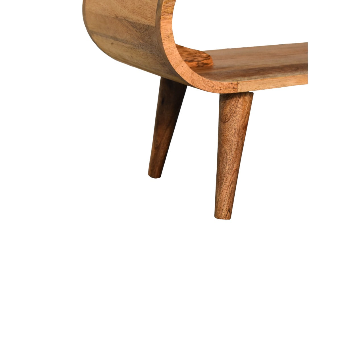 Close up of Nordic style legs of a curved oak coffee table