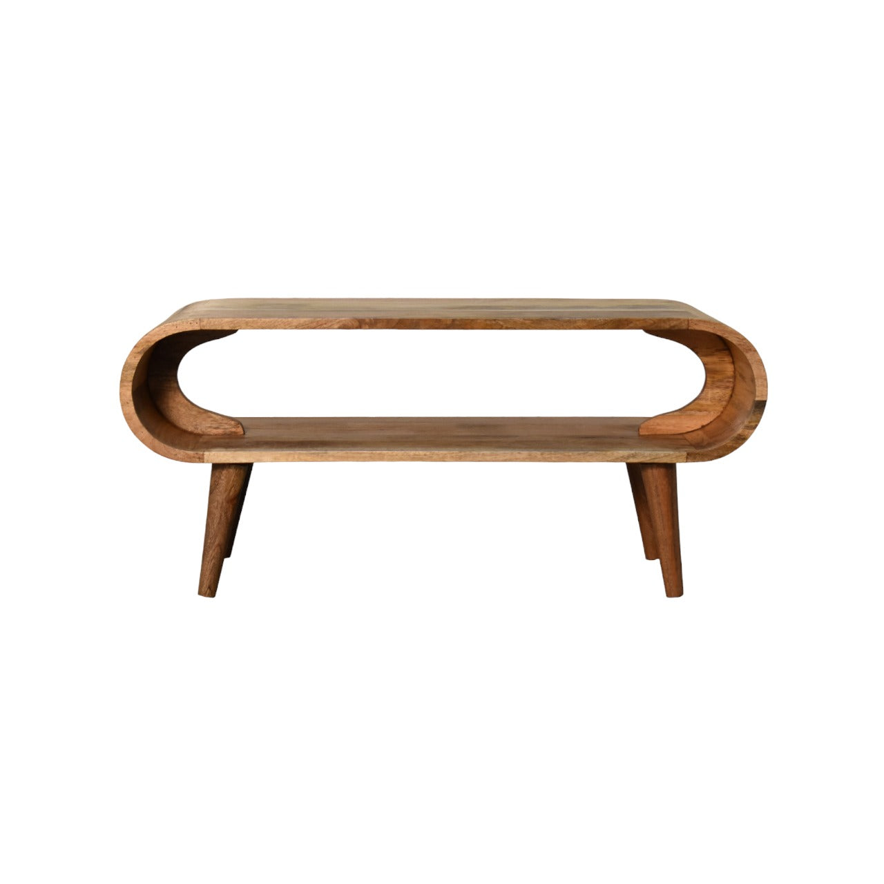 A rectangular oak-ish coffee table with smooth edges and nordic style legs made from solid mango wood, placed against a white background.
