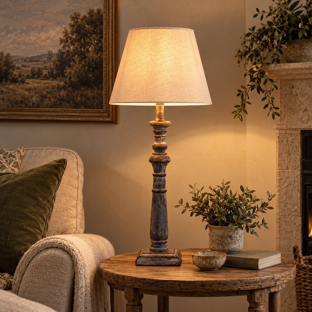 Incia Wooden Table Lamp in the Column style, lit on a round wooden side table beside an armchair