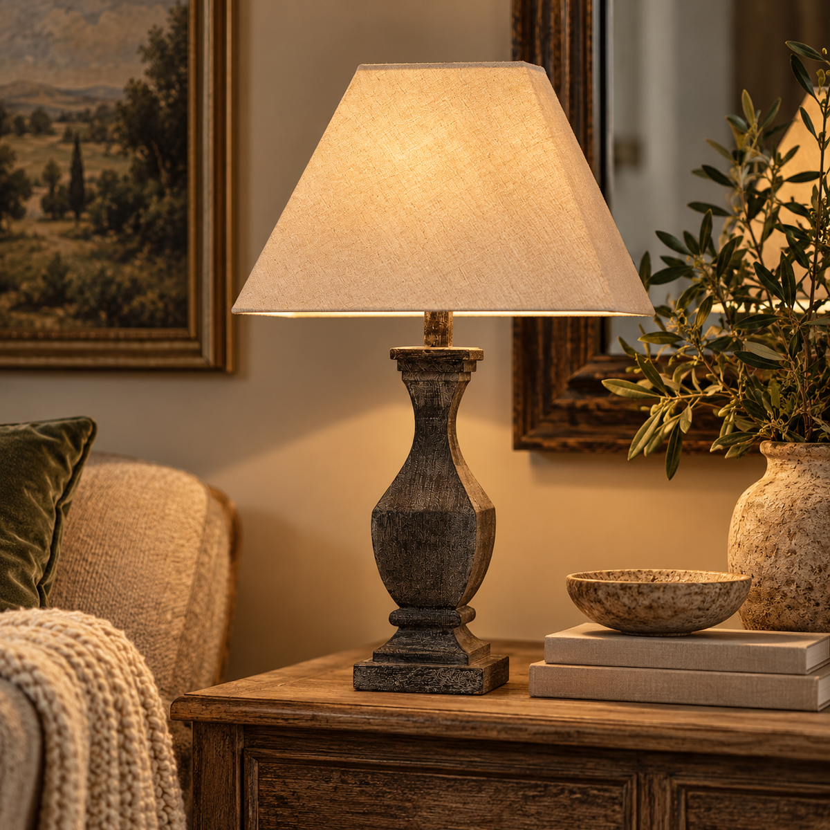 Incia Wooden Table Lamp in the Fluted style, lit on a wooden chest with olive branches