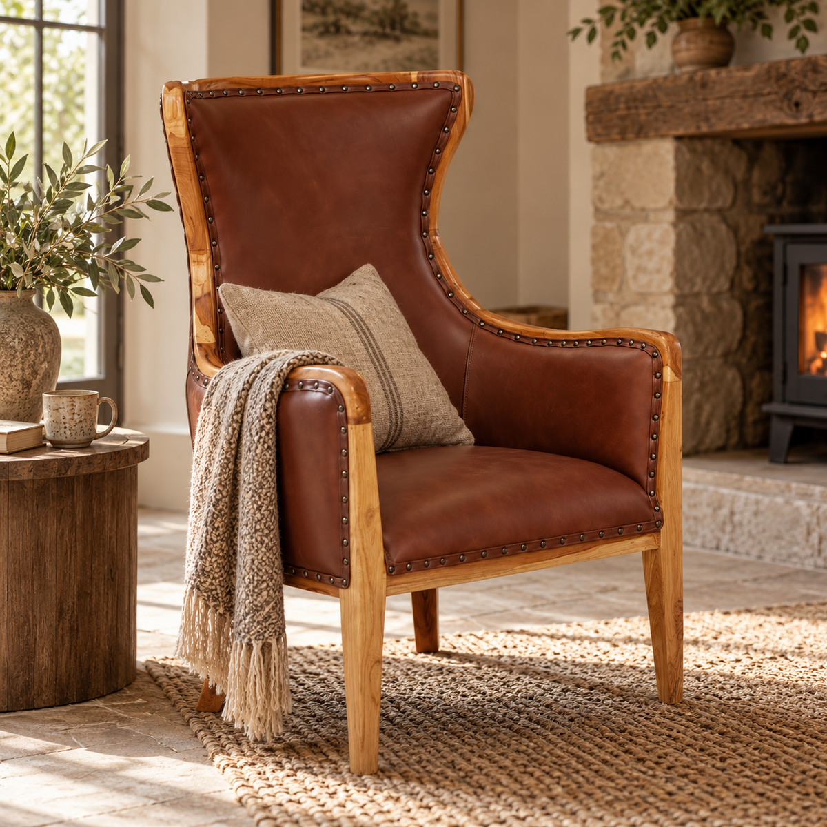 The Jakarta Brown Leather Studded Wingback Chair with a cushion and knitted throw, beside a wood burner and stone fireplace on a jute rug.
