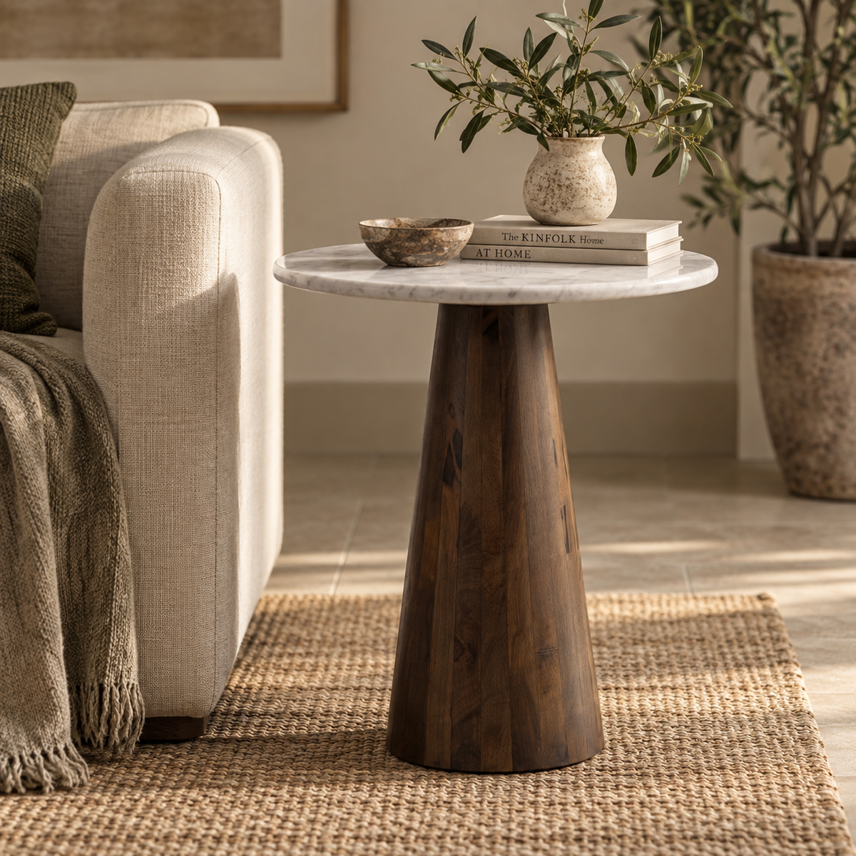 A dark brown wooden side table with a round white marble top, styled in a cosy living room next to a beige sofa with a throw blanket.