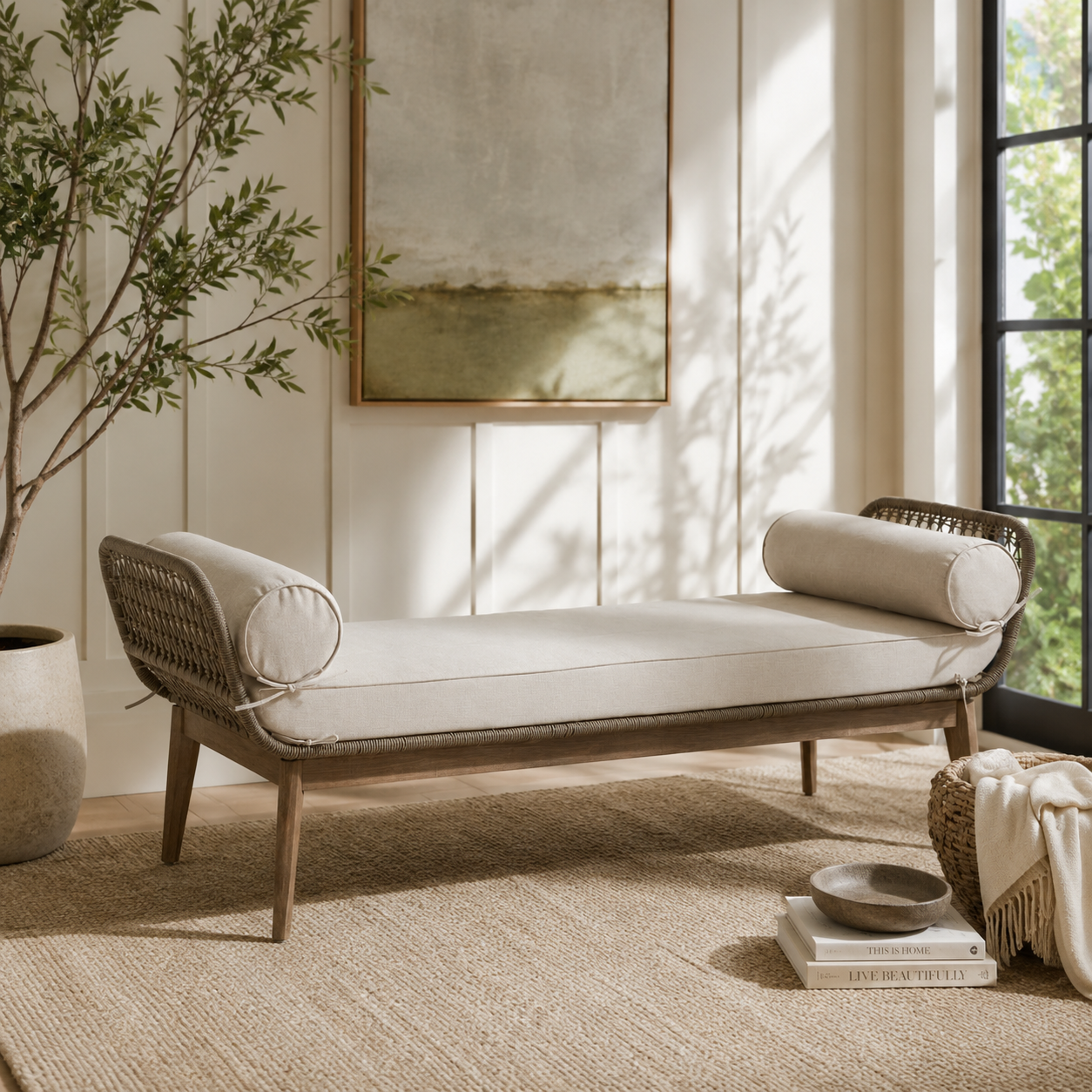 Beige cushioned woven rope bench in a room with a plant, painting, and window.