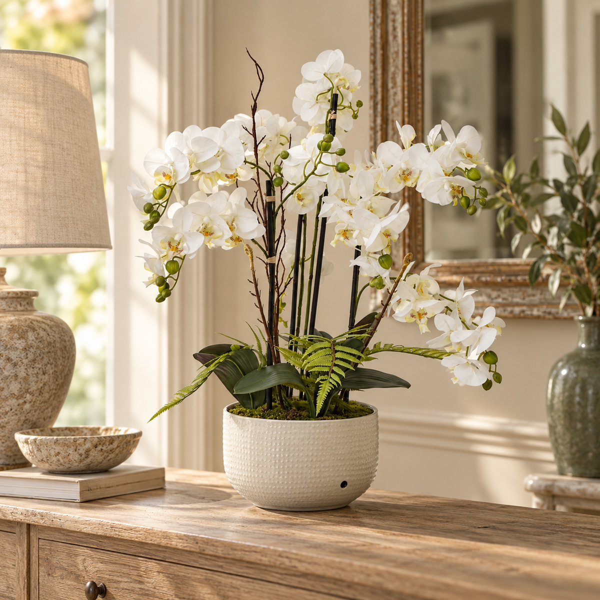Large White Orchid In Ceramic Pot on a wooden chest of drawers by a window, beside a stone table lamp and a rustic mirror
