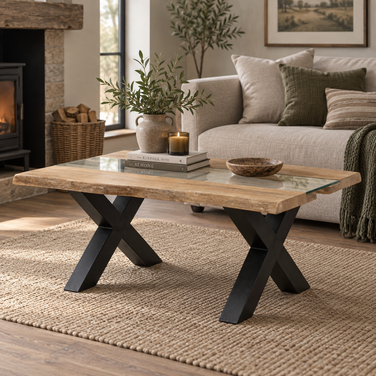 A rustic coffee table with a light natural wood top, a clear glass center panel, and black metal X-shaped legs, styled in a cozy living room setting.
