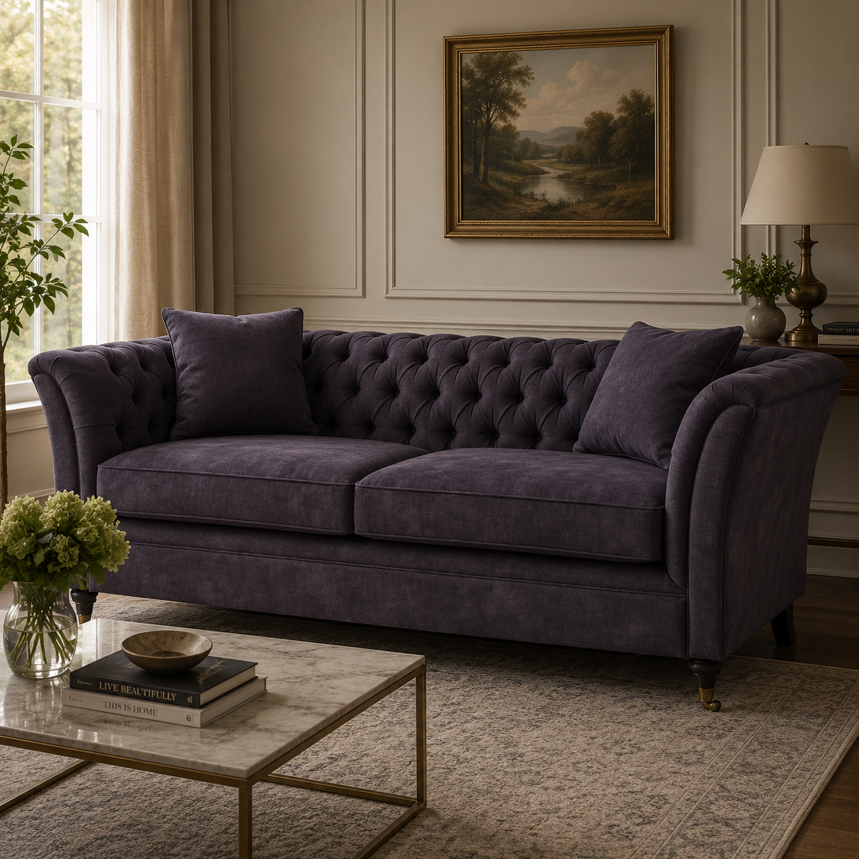 Lucinda three seater grey velvet sofa in a traditional room setting