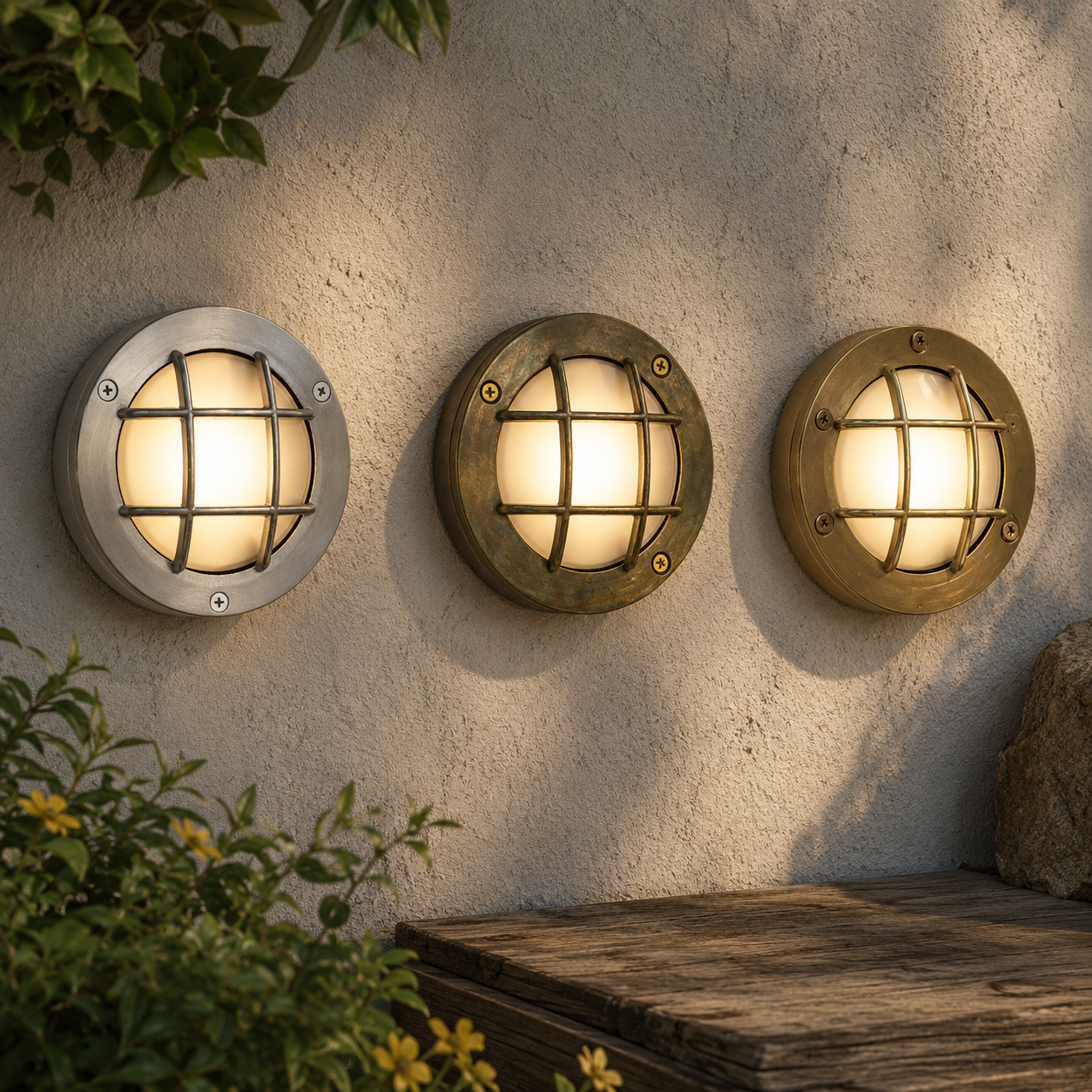 Three round outdoor wall lights on a textured wall with plants and a wooden bench.