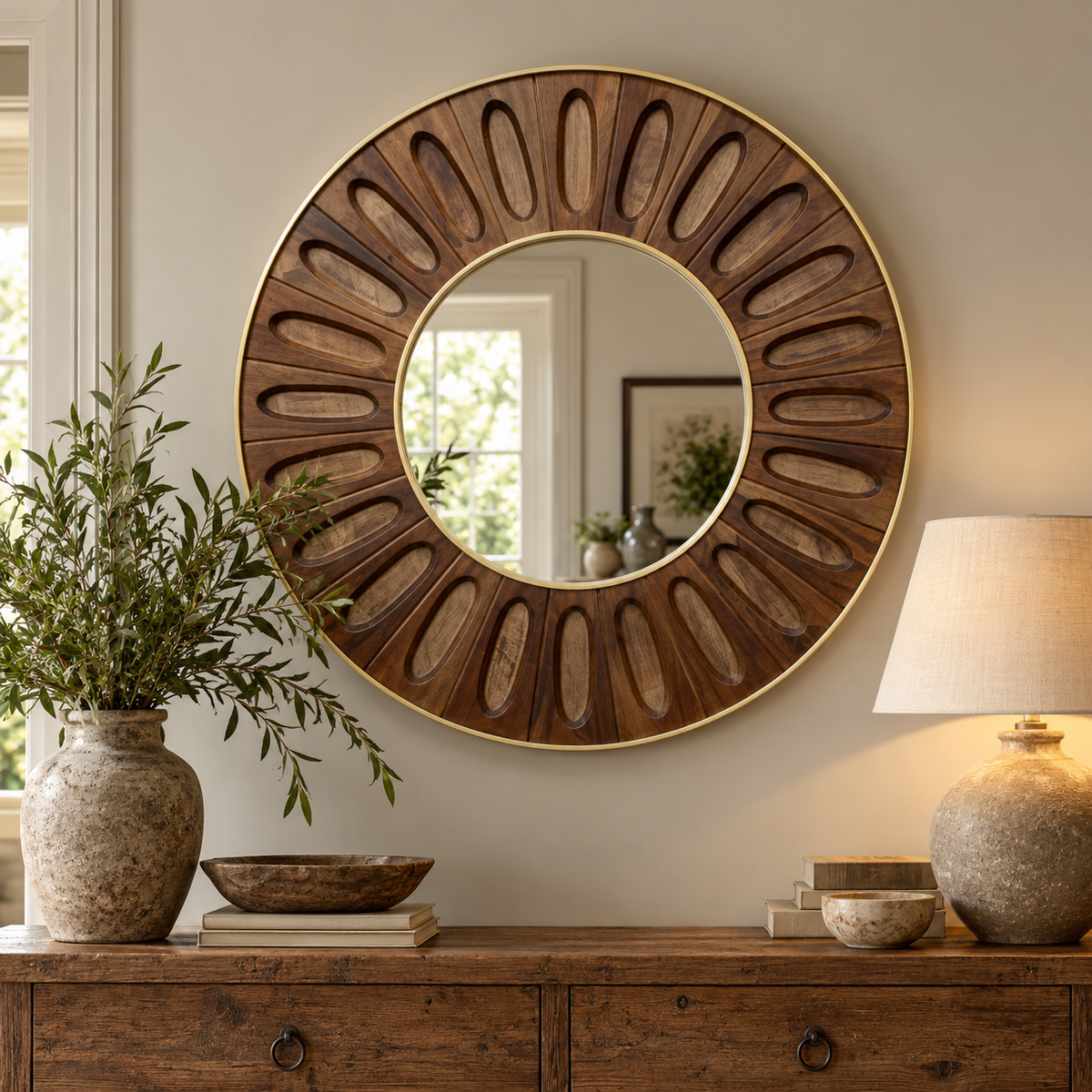 Minda Oval Tile Brass Edged Wooden Round Mirror above a wooden sideboard with an olive branch and a stone lamp