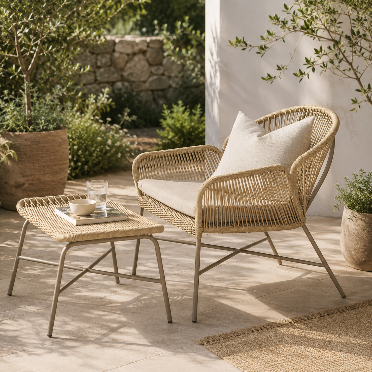 Beige wicker chair and table set on a patio with plants and stone wall in the background