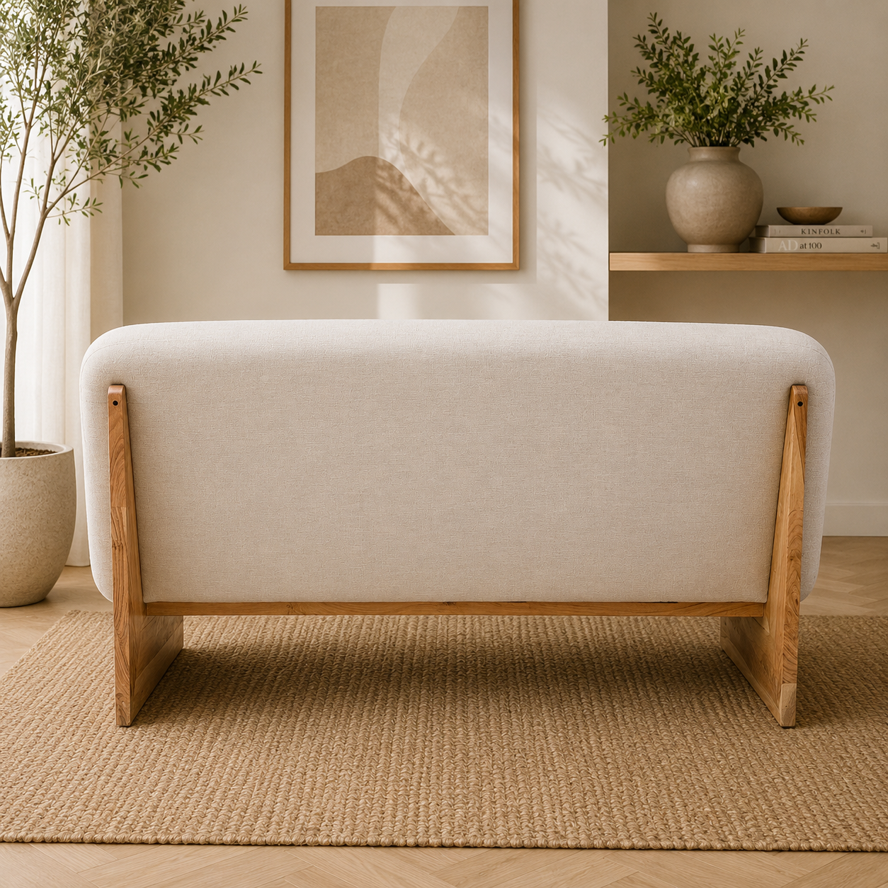 Back view of a cream linen sofa with a wooden base in a room with a woven rug and plants