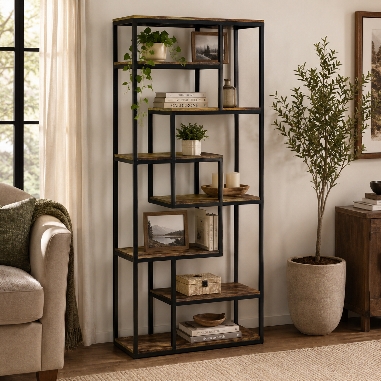 A tall black metal shelving unit with five rustic dark wood shelves, styled with books, small plants, and framed photos in a bright living room next to a sofa and a potted tree.
