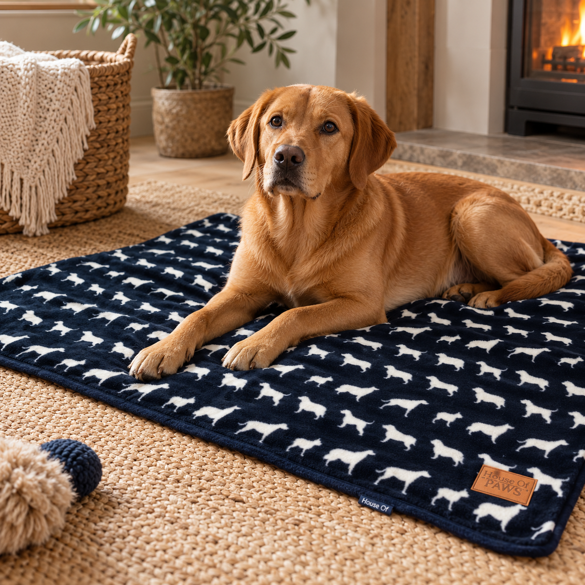Fox red Labrador lying on the Navy Fleece Blanket With Dog Print on a jute rug by a wood burner