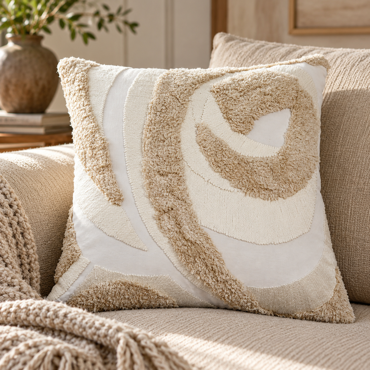 Elora Cream Textured Cushion with tufted oatmeal curves on a beige linen sofa with a knitted throw, beside a stone vase of olive branches