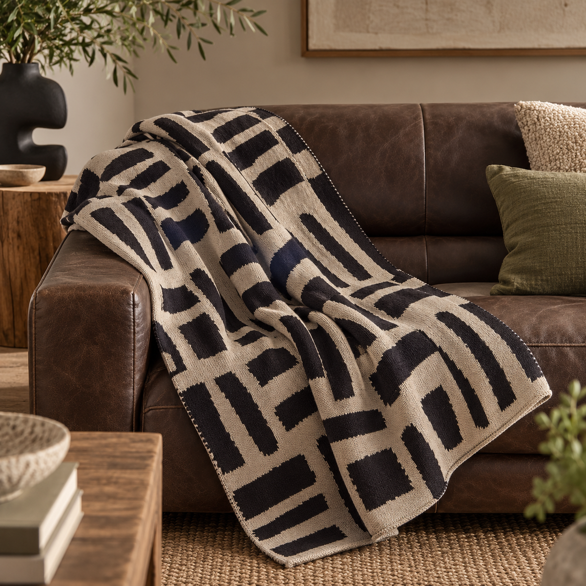 Elora Natural And Black Throw draped over a brown leather sofa with olive and boucle cushions, beside a rustic wooden table and jute rug