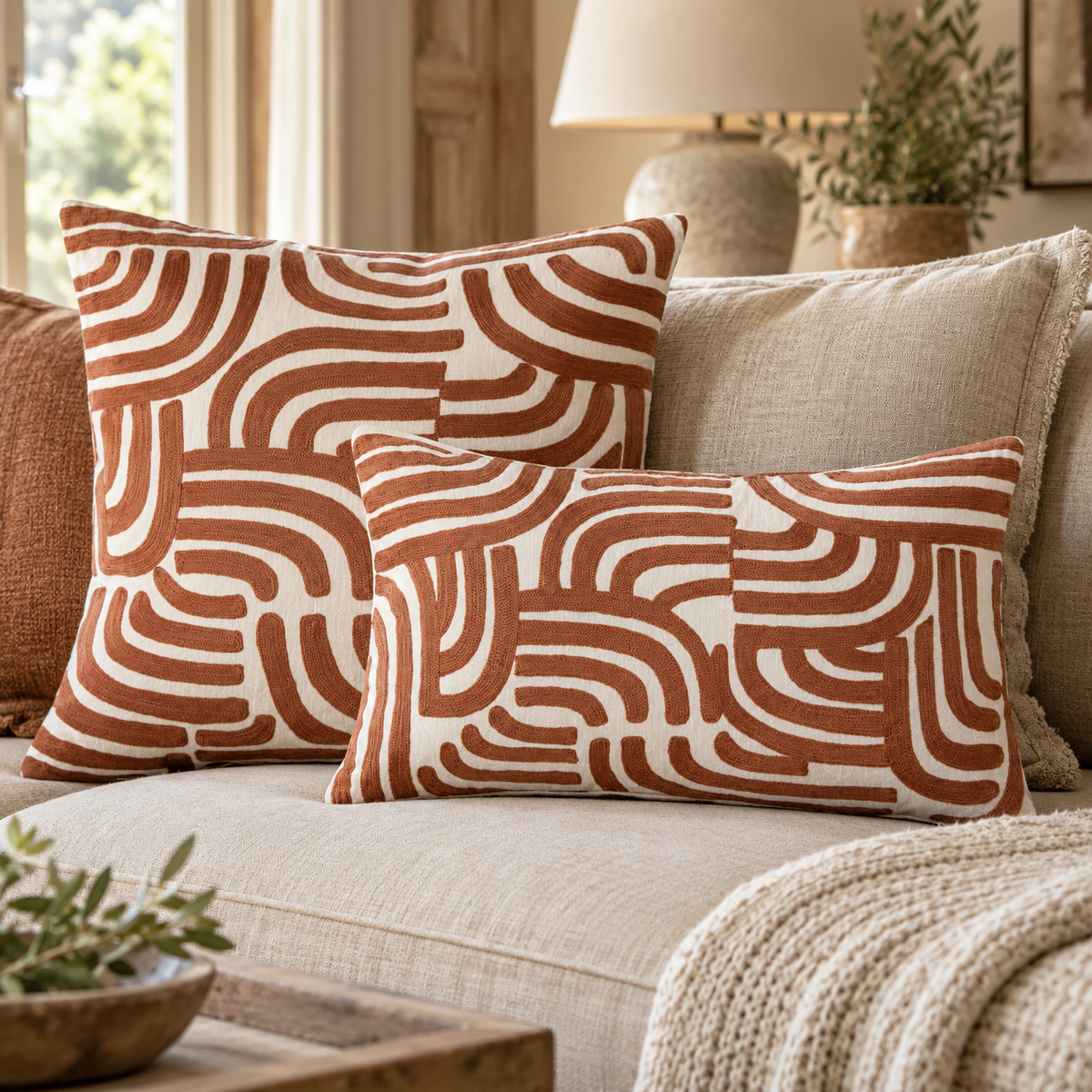 Square and rectangular Elora Natural And Terracotta Cushions on a cream linen sofa with a knitted throw, beside a table lamp and olive branches