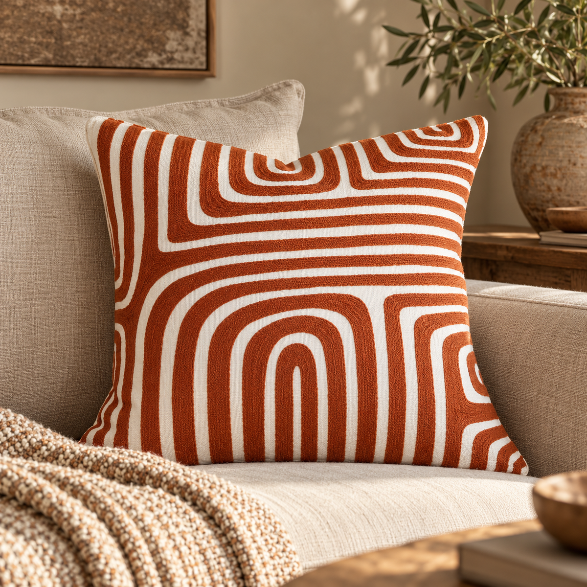 Elora Rust And White Cushion with rust arches on a linen sofa with a knitted throw, beside a wooden side table and olive branches
