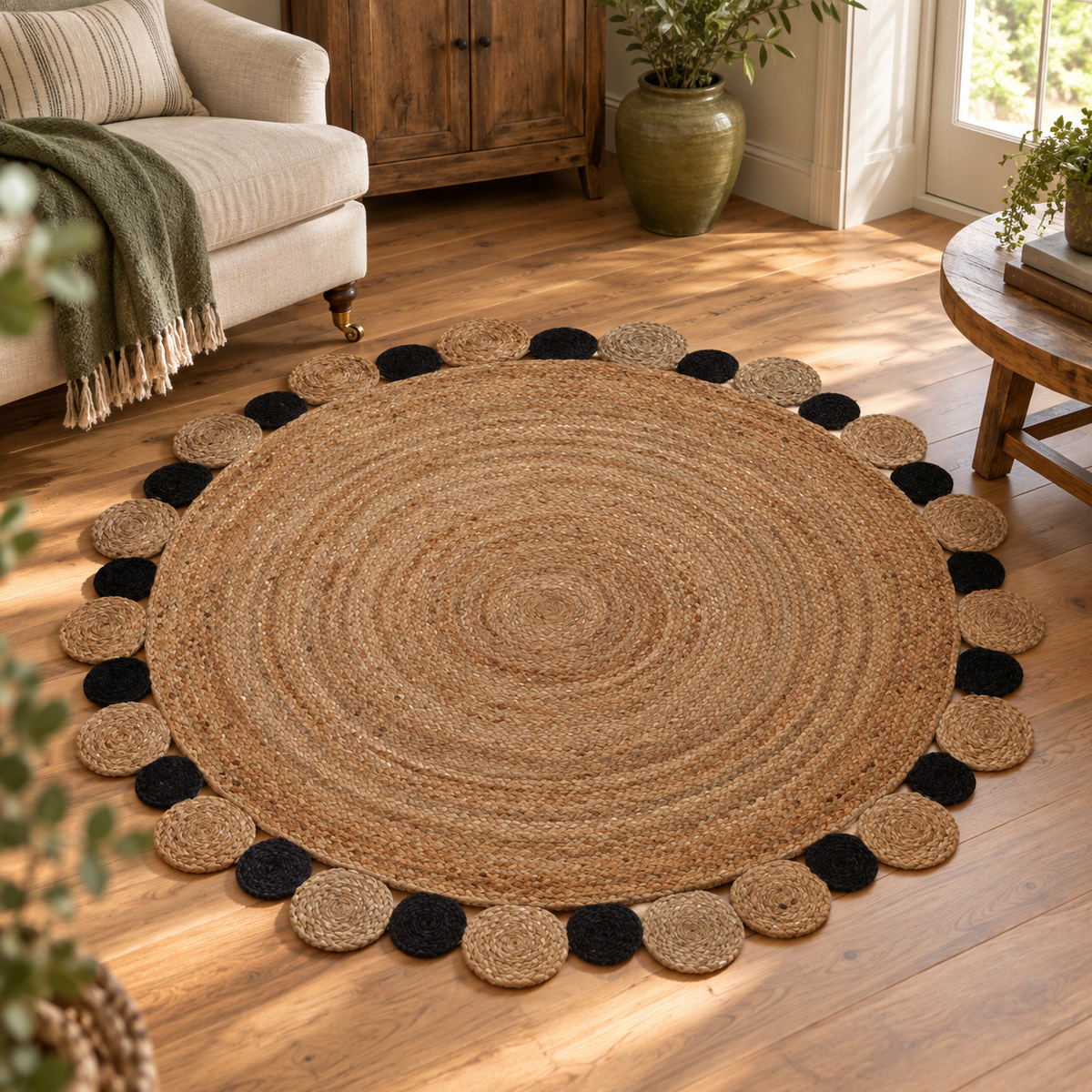 Looma Large Natural And Black Jute Rug on a wooden floor in a living room with a cream sofa, wooden cabinet and large plant pot