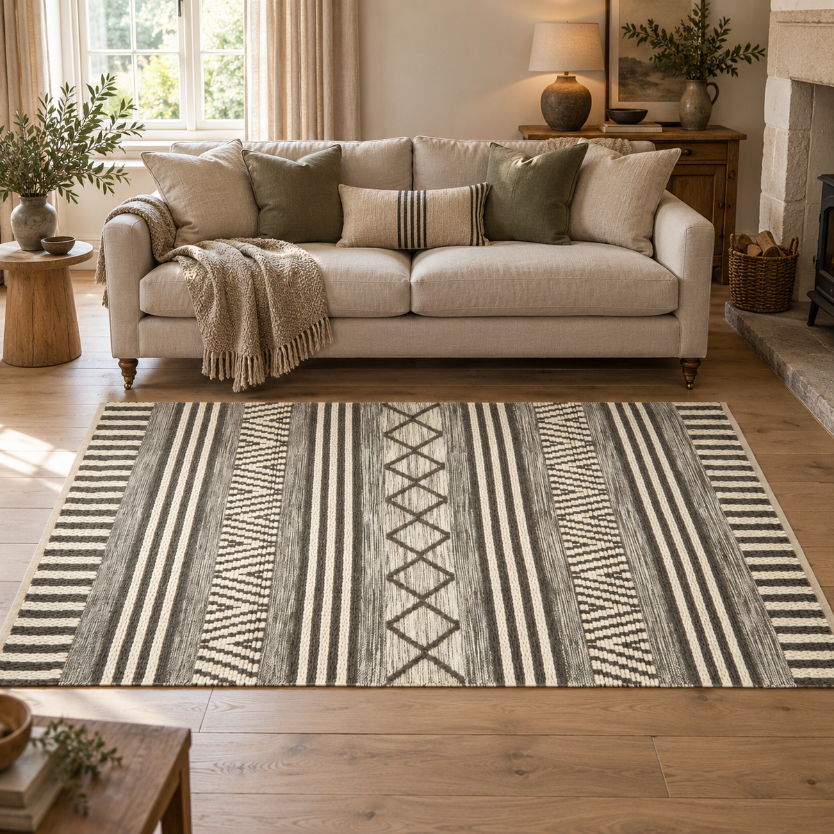 Nexo Large Geometric Rug on a wooden floor in a living room with a cream sofa, green cushions and a fireplace