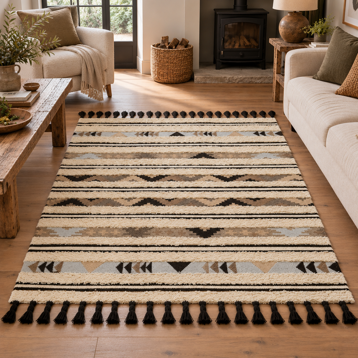Nexo Large Tribal Rug on a wooden floor in a living room with a cream sofa, rustic wooden coffee table and log burner