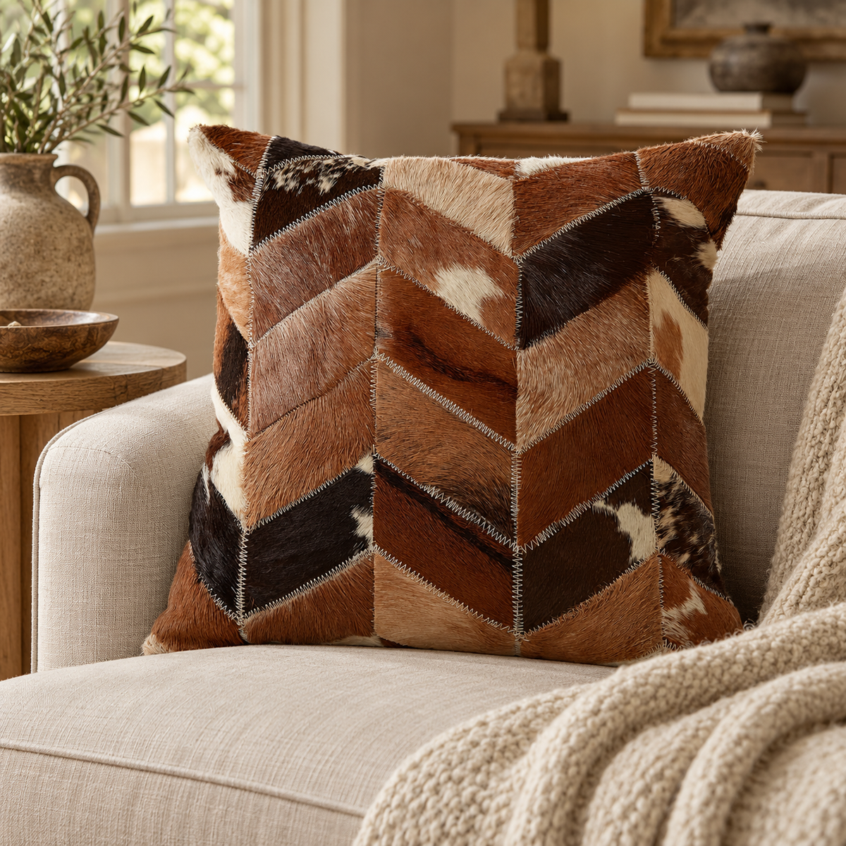 Tierra Natural Cowhide Leather Patchwork Cushion in brown and cream chevron cowhide on a linen sofa with a knitted throw, beside a wooden side table