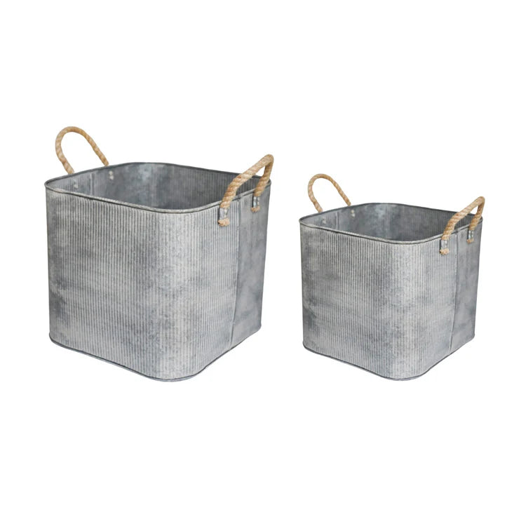 Galvanised Outdoor Square Planter with Rope Handles - Set of Two