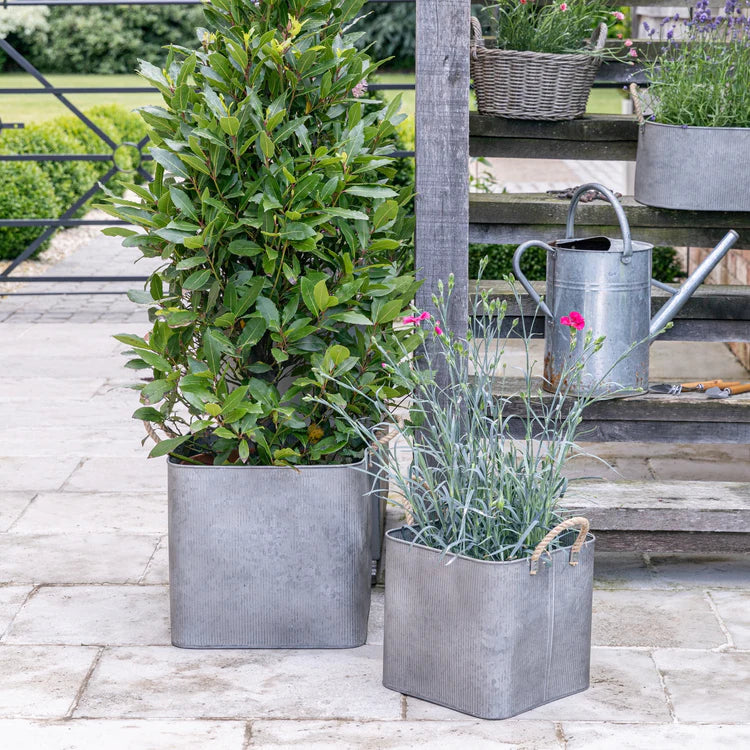 Galvanised Outdoor Square Planter with Rope Handles - Set of Two