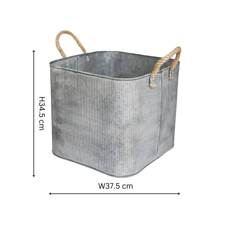 Galvanised Outdoor Square Planter with Rope Handles - Set of Two