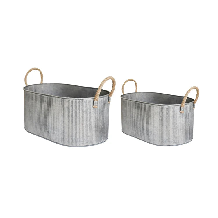 Galvanised Outdoor Troughs with Rope Handle - Set of Two