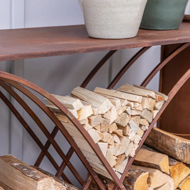 Outdoor X-Shaped Log Storage - Rust