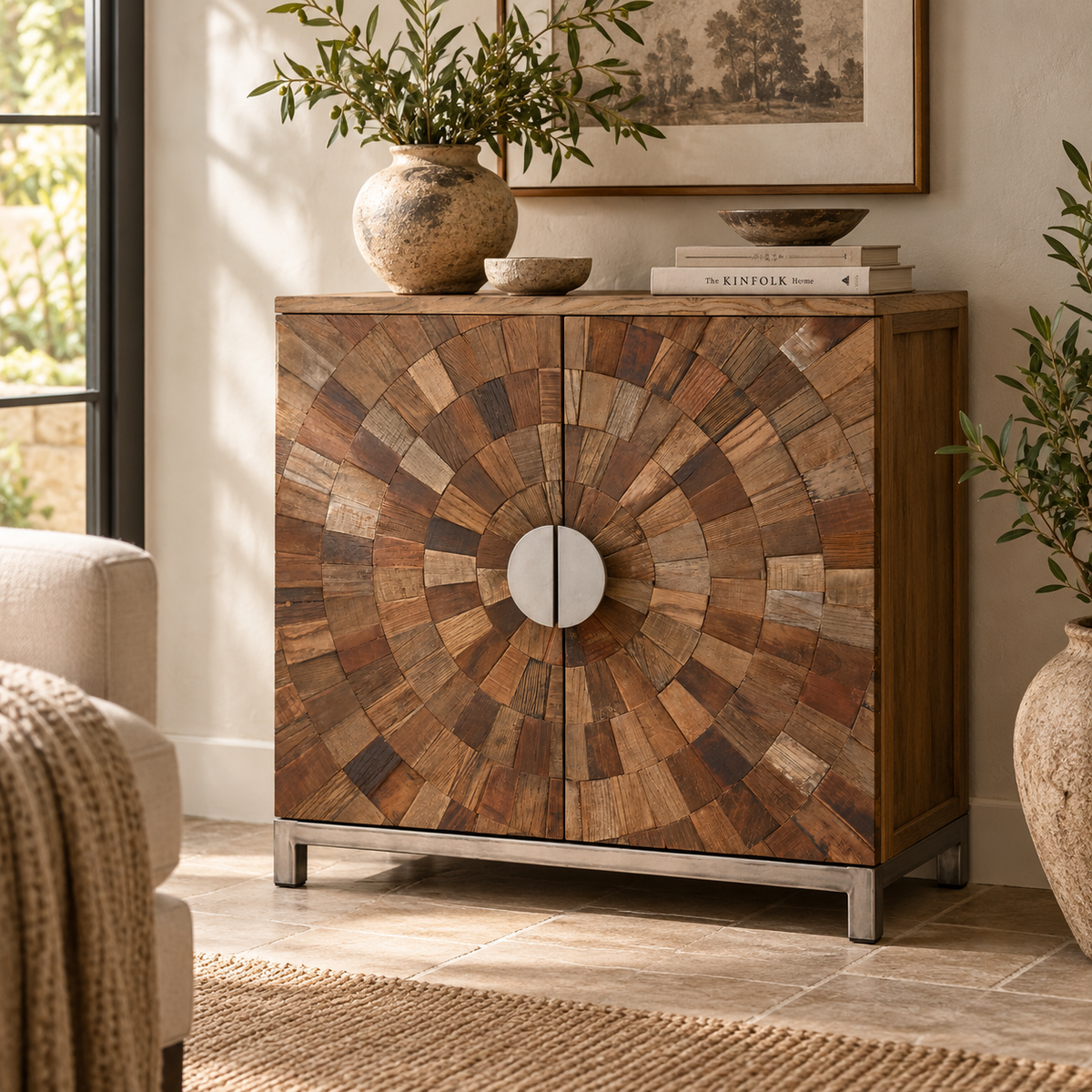 A rustic wooden sideboard cabinet with a circular sunburst pattern made from various wood tones on the doors, featuring a round silver metal handle and a silver metal frame. The cabinet is styled in a cosy living room setting with books, bowls, and potted plants.