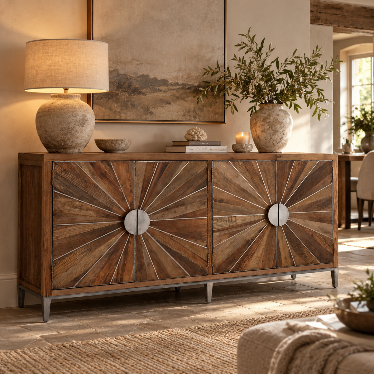 A rustic wooden sideboard with four sunburst-patterned doors and round metal medallion handles, styled in a warm living room setting with a table lamp, books, candles, and potted plants.