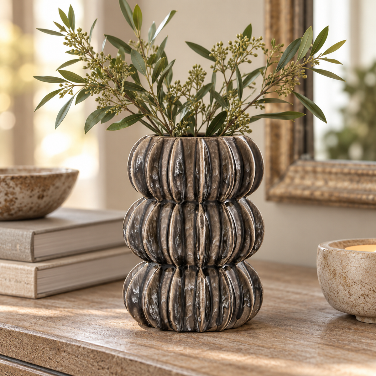 Orsa Grey Stoneware Bubble Vase with a distinctive stacked, rounded form, styled with olive branches on a rustic wooden console.
