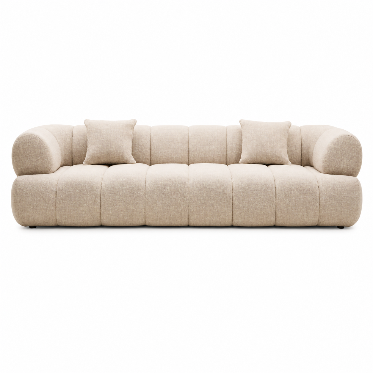 Front view of Orvella three seater cream linen sofa on a white background