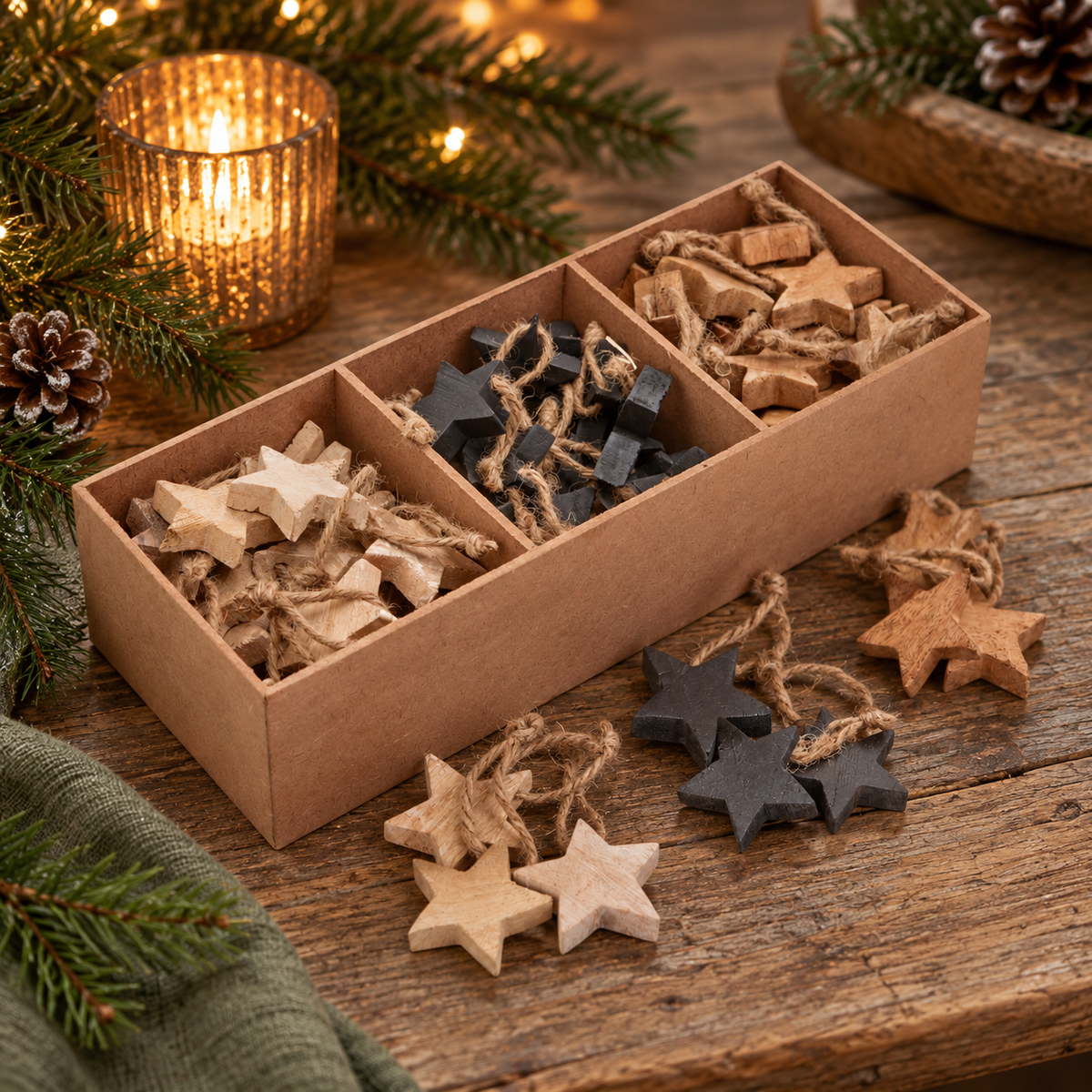 Kraft box of whitewash, black and natural wooden hanging stars on twine loops, on a rustic wooden table with pine sprigs, pinecones and a glowing candle