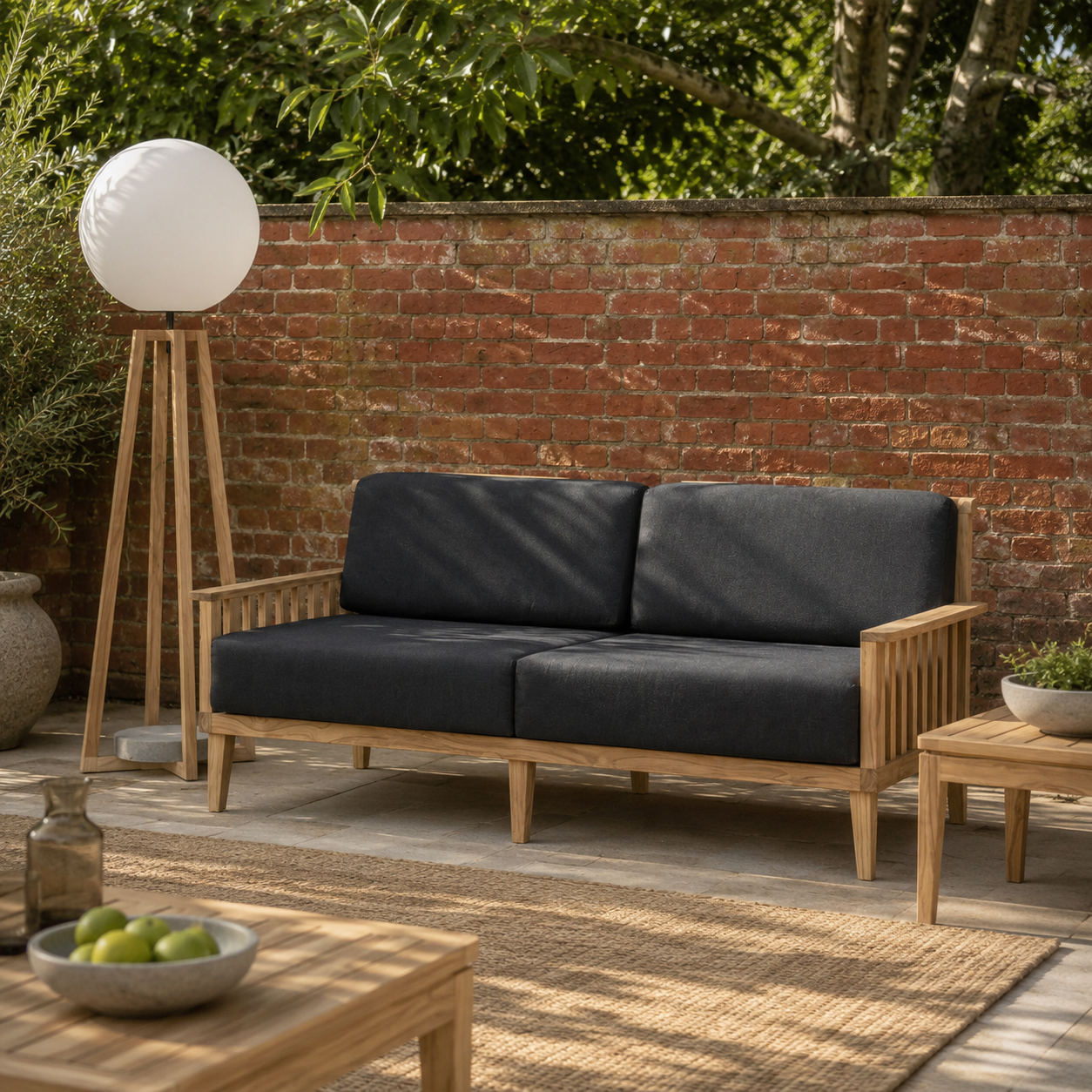 A two-seat outdoor sofa with a light natural wood frame and dark charcoal gray cushions, set in a patio environment with a brick wall, floor lamp, and side table.