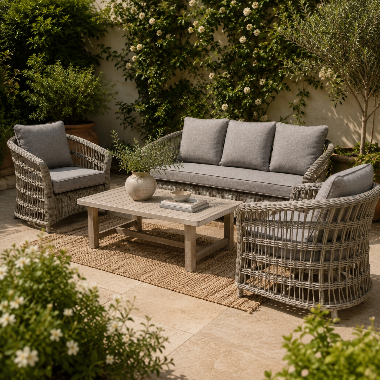 Outdoor patio set with wicker chairs and sofa against a garden backdrop