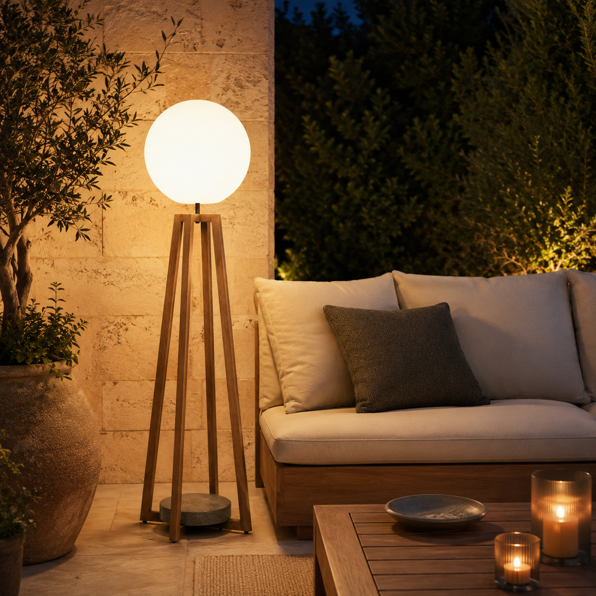 A modern floor lamp with a glowing spherical white globe and a light wood tripod base stands beside a cushioned outdoor sofa at night. The scene is warmly lit, with a stone wall, potted plants, and candles visible in the foreground.