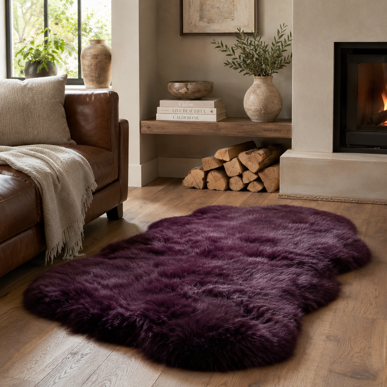 Purple sheepskin rug on a wooden floor in a living room with a fireplace and leather sofa.
