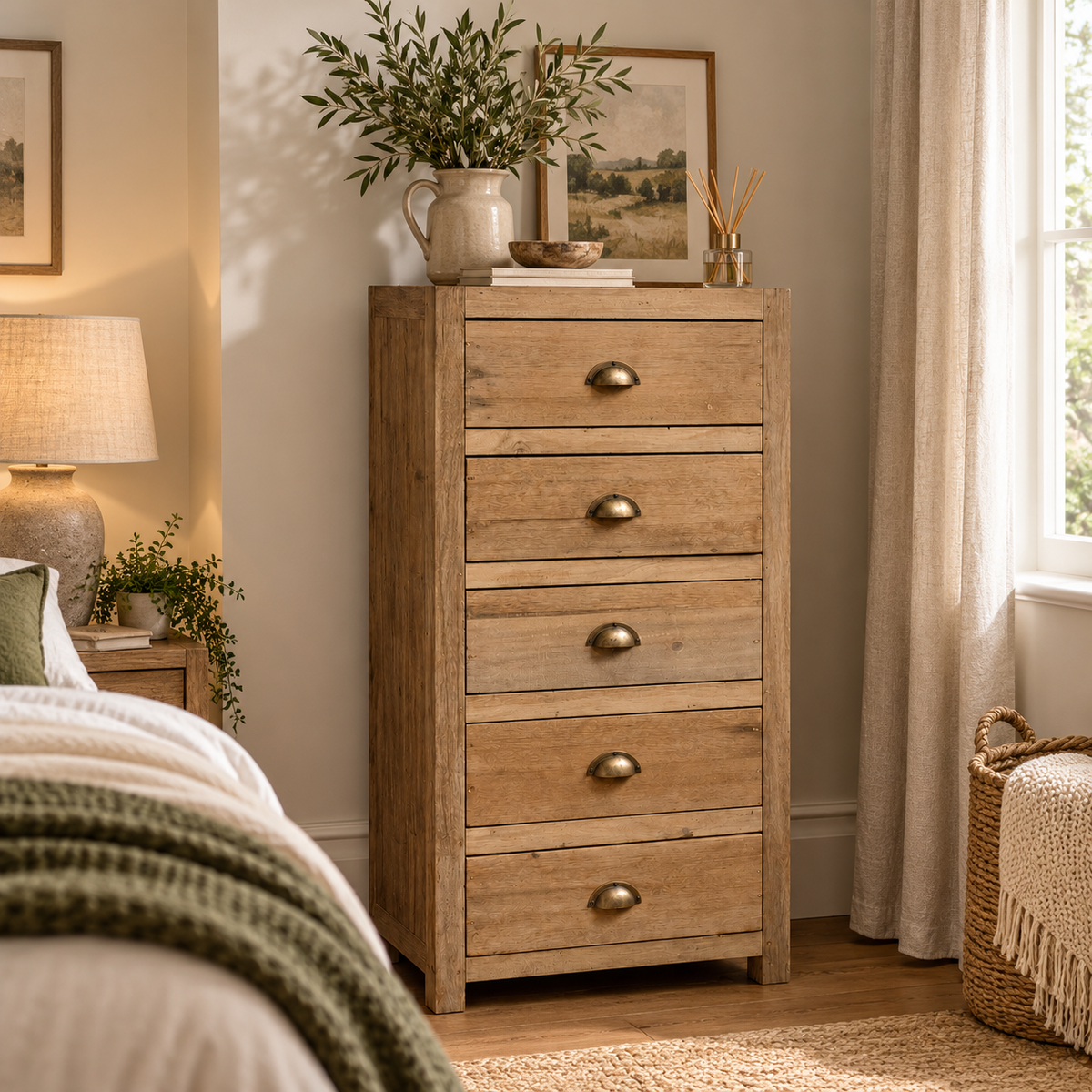 Reclaimed Wood 5 Drawer Chest of Drawers in reclaimed teak with brass cup handles, styled in a bedroom with a jug of greenery and a framed print