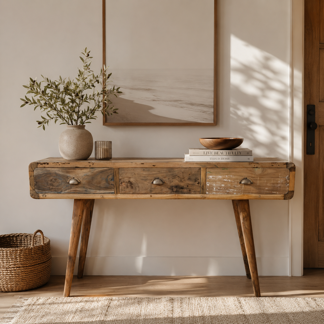 Reclaimed rustic wooden console table with decorative items in a room with natural light