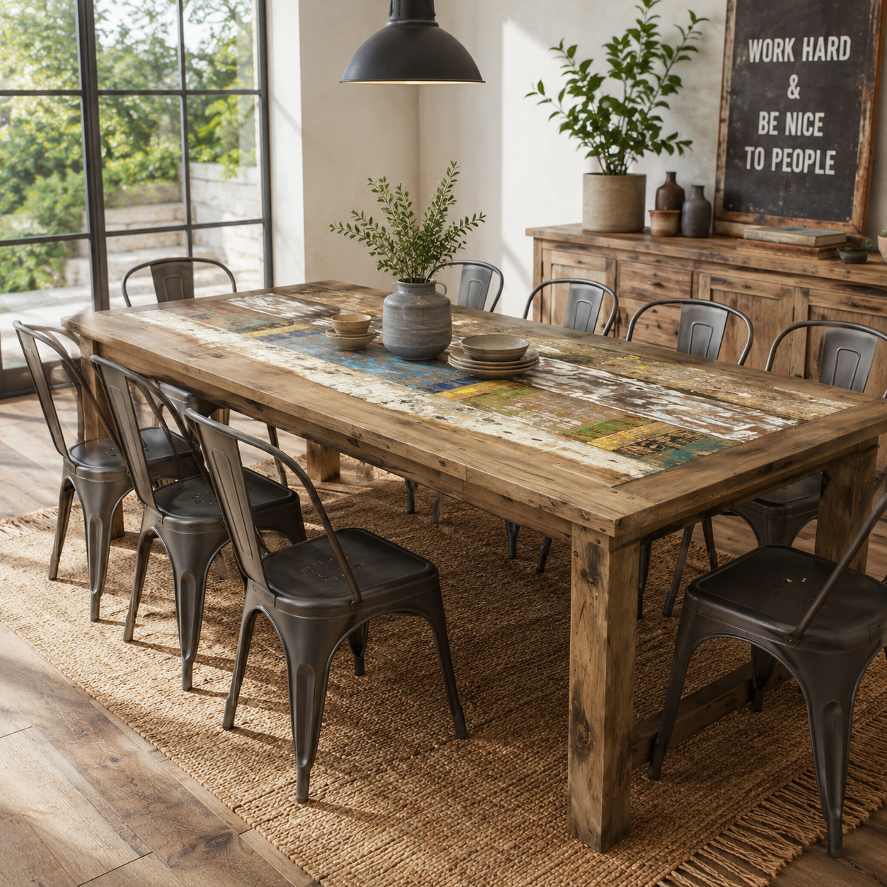 Dining room with a rustic wooden table and metal chairs, featuring a motivational sign on the wall.