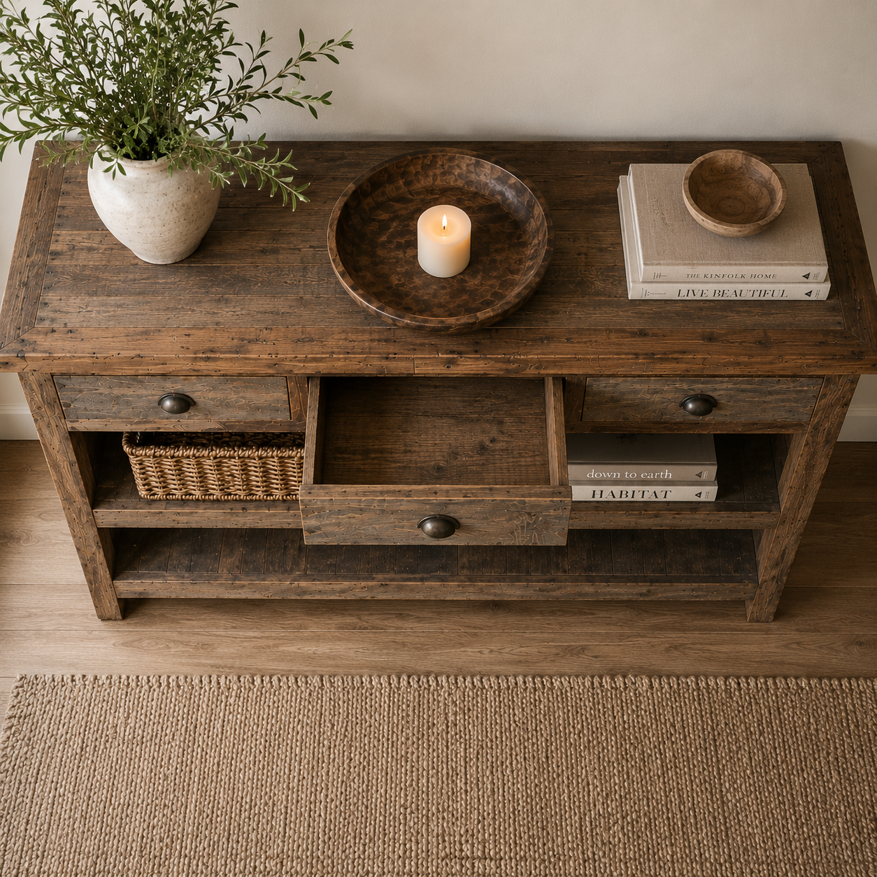 Wooden console table with decorative items including a plant, candle, and books in a room.