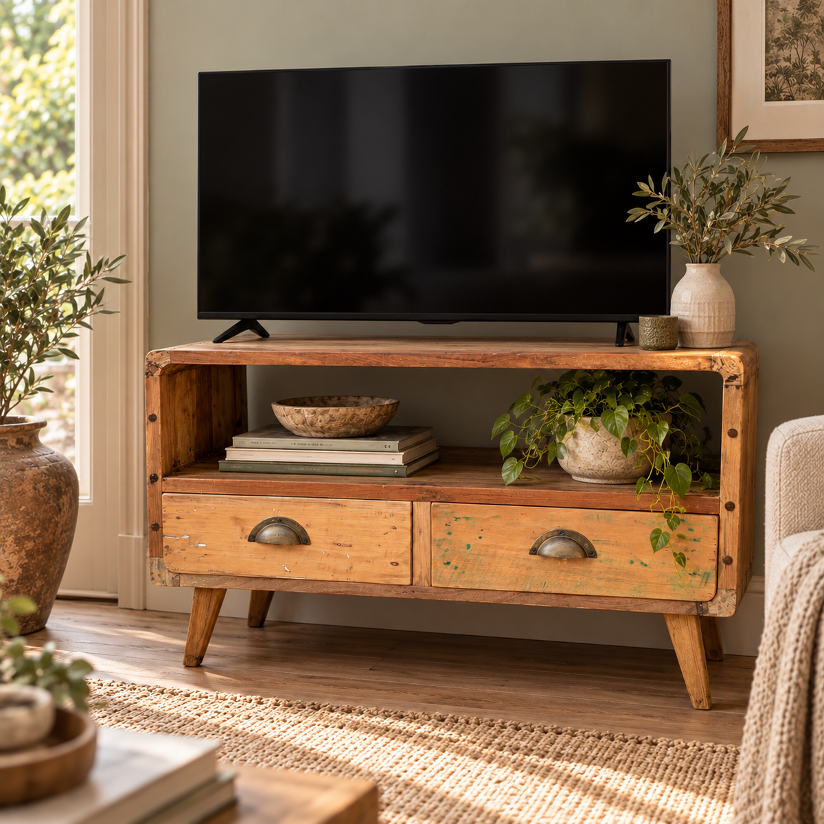 A rustic wooden TV stand with two drawers and open shelving, styled in a cozy living room setting with a television, books, bowls, and potted plants.