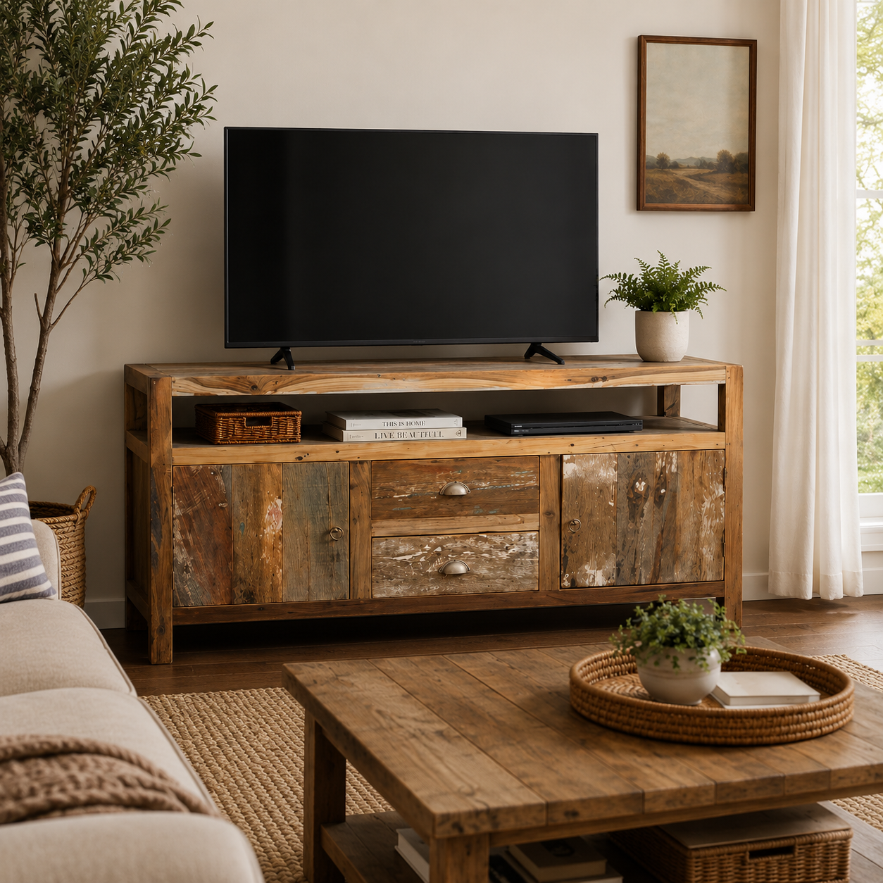 Living room with recycled wooden TV stand, sofa, and coffee table.