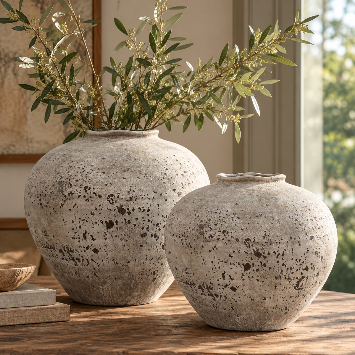 Two Regola Stone Ceramic Vases in different sizes, one holding olive branches, on a wooden table by a window