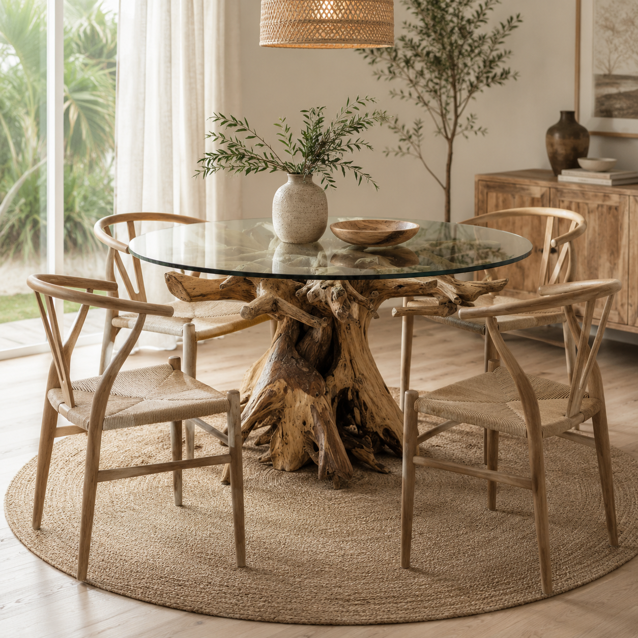 Dining room with a round glass table with a teak root wooden base, surrounded by four chairs.